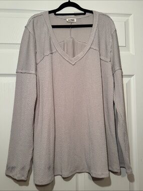 Blumin Beige V-Neck Long Sleeve Urban Ribbed Top